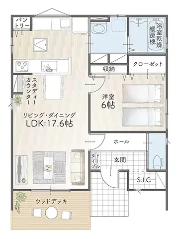 平屋間取り 17坪 | 1LDK | 南東玄関