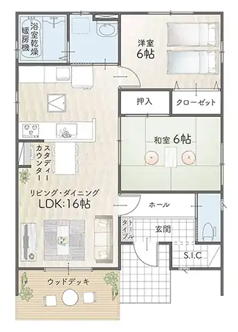 平屋間取り 19坪 | 2LDK | 南東玄関