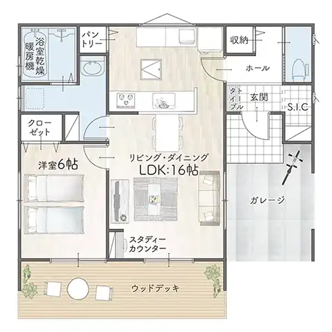 平屋間取り 19坪 | 1LDK・ガレージ | 南玄関・南東ガレージ