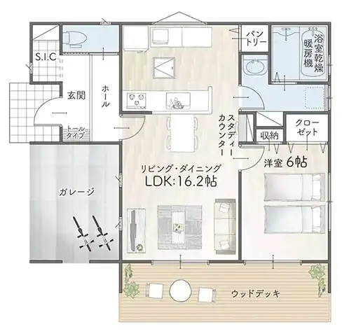 平屋間取り 19坪 | 1LDK・ガレージ | 西玄関・南西ガレージ