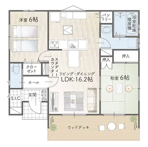 平屋間取り 19坪 | 2LDK・ワイド | 東玄関