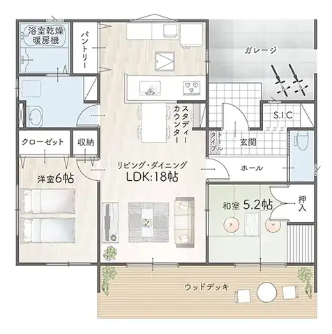 平屋間取り 24坪 | 2LDK | 北玄関・北東ガレージ