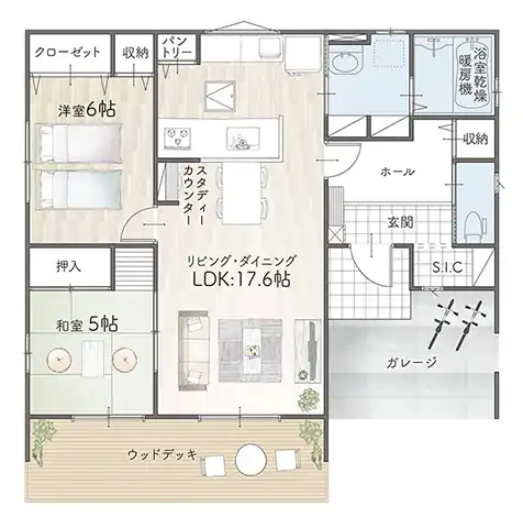 平屋間取り 24坪 | 2LDK | 南玄関・南東ガレージ