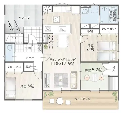 平屋間取り 27坪 | 3LDK | 北玄関・北西ガレージ